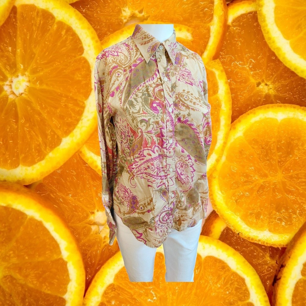 Lauren Ralph Lauren Petite‎ Small Pink Tan Paisley Cotton Button Down Shirt P/S